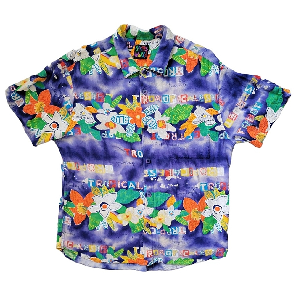 Vintage Jams World Watercolor Hawaiian Shirt, Purple Floral, Mens Size Large
